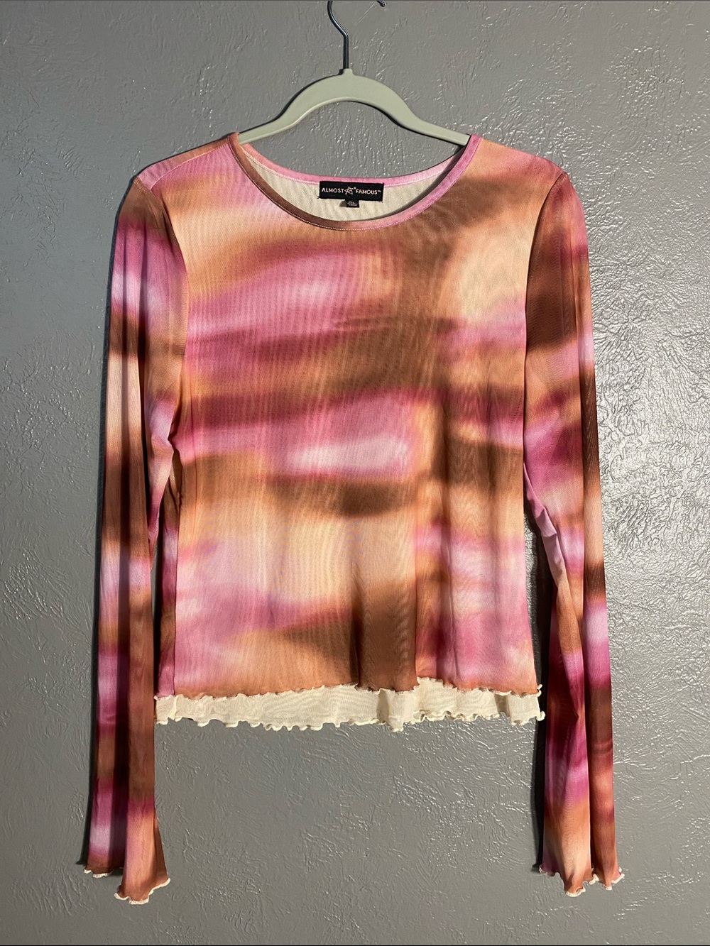 Almost Famous Sheer Mesh Crop Top XL Brown Pink Abstract Print Lettuce Hem Y2K